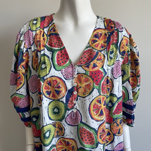 Briton Court Puff Sleeves Tiered Cotton Poplin Dress Fruits Print Sz Large NWT - Picture 3 of 16